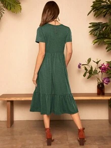 SHEIN LUNE Solid Ruffle Hem Dress Casual Women Dresses,Casual - Dark Green - View 3