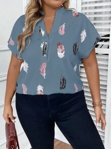 SHEIN LUNE Plus Feather Print Batwing Sleeve Blouse - Dusty Blue - View 5