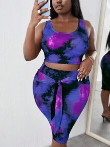 Maweii Bộ thời trang Plus Size Thắt nơ trước Cà vạt nhuộm Giải trí - Màu xanh lam - Xem 1