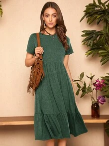 SHEIN LUNE Solid Ruffle Hem Dress Casual Women Dresses,Casual - Dark Green - View 4