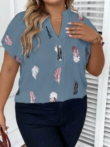 SHEIN LUNE Plus Feather Print Batwing Sleeve Blouse - Dusty Blue - View 6