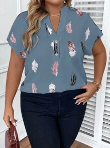 SHEIN LUNE Plus Feather Print Batwing Sleeve Blouse - Dusty Blue - View 7