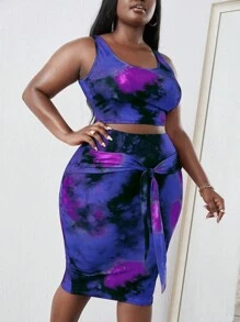Maweii Bộ thời trang Plus Size Thắt nơ trước Cà vạt nhuộm Giải trí - Màu xanh lam - Xem 5