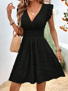SHEIN LUNE Women's Casual Solid Color Cap Sleeve Dress - Black - View 4