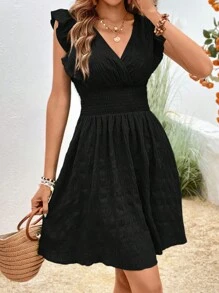 SHEIN LUNE Women's Casual Solid Color Cap Sleeve Dress - Black - View 5