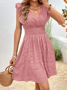 EMERY ROSE 交疊領荷葉邊連衣裙 - 藕粉色 - 查看 4