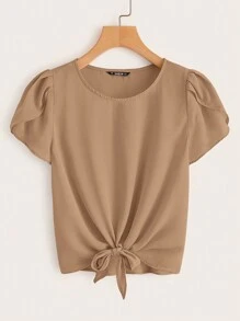 SHEIN LUNE 花瓣袖打结下摆衬衫，夏季休闲款 - 駝色 - 查看 1