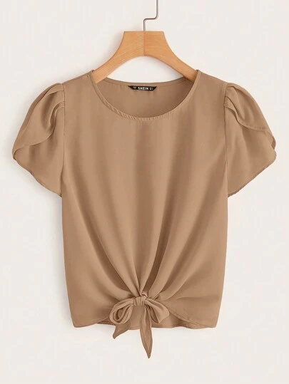 SHEIN LUNE 花瓣袖打结下摆衬衫，夏季休闲款