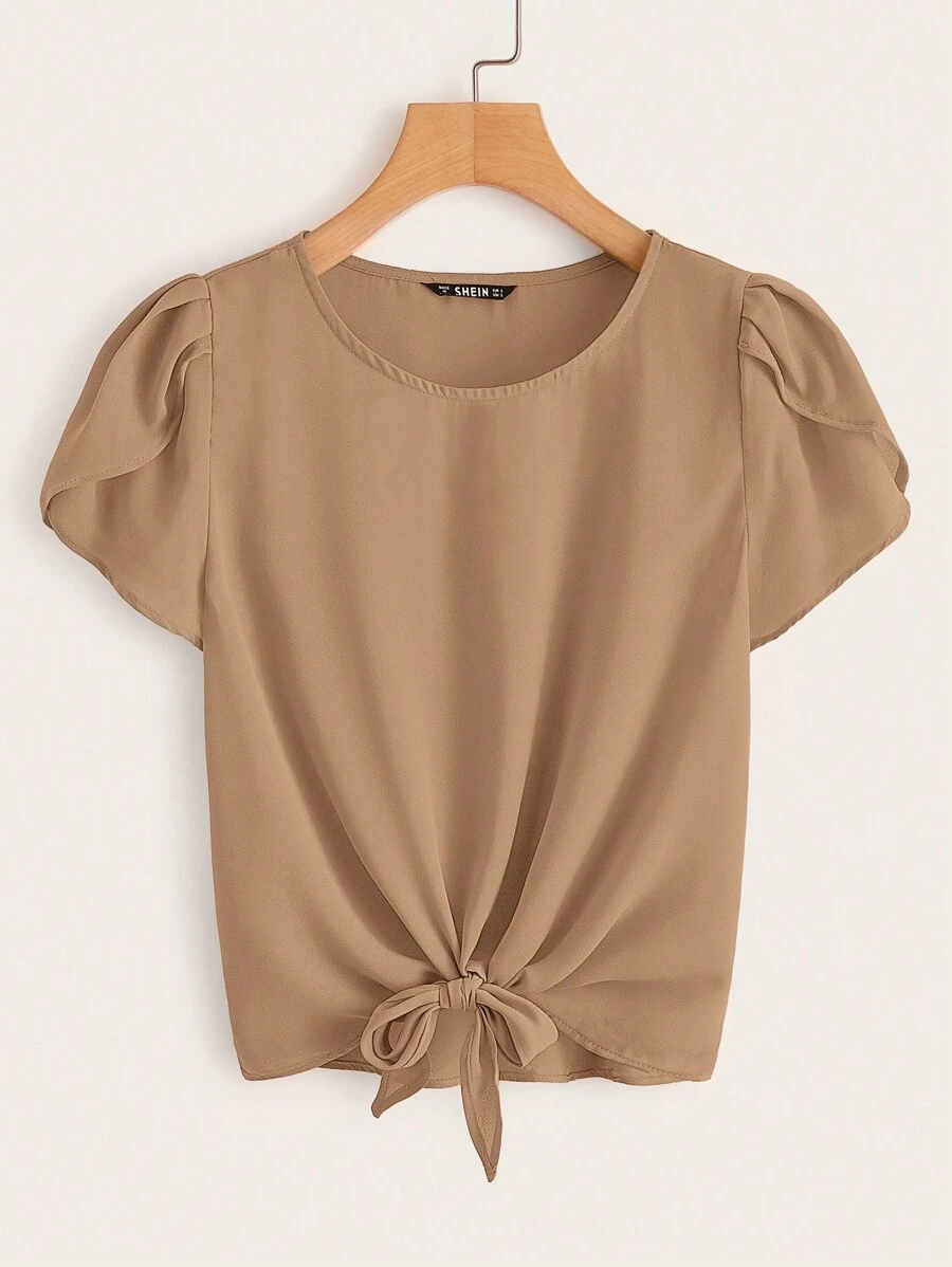 SHEIN LUNE 花瓣袖打结下摆衬衫，夏季休闲款 - 駝色 - 查看 1