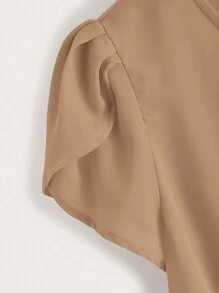 SHEIN LUNE 花瓣袖打结下摆衬衫，夏季休闲款 - 駝色 - 查看 3