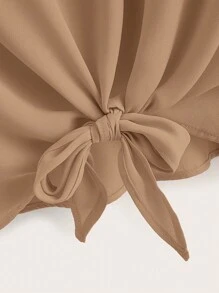 SHEIN LUNE 花瓣袖打结下摆衬衫，夏季休闲款 - 駝色 - 查看 4