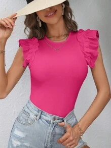 SHEIN VCAY Chất rắn Viền Ruffle Áo thun - Màu Hồng Tươi - Xem 1