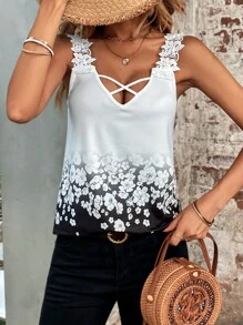 SHEIN LUNE Áo khoác và áo lót dành cho xe tăng nữ Đề can Tương phản ren Hội Chữ thập Hoa Giải trí - Đen và trắng - Xem 5