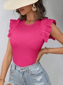 SHEIN VCAY Chất rắn Viền Ruffle Áo thun - Màu Hồng Tươi - Xem 5