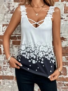 SHEIN LUNE Áo khoác và áo lót dành cho xe tăng nữ Đề can Tương phản ren Hội Chữ thập Hoa Giải trí - Đen và trắng - Xem 6