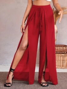 SHEIN VCAY 流蘇前繫帶高衩闊腿褲 - 紅色 - 查看 1