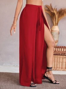 SHEIN VCAY 流蘇前繫帶高衩闊腿褲 - 紅色 - 查看 3