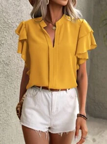 SHEIN Clasi Notched Neck Butterfly Sleeve Popover Blouse - Yellow - View 6