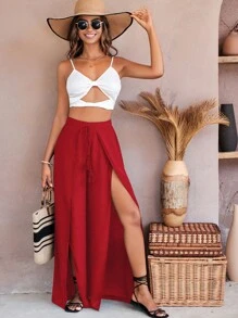 SHEIN VCAY 流蘇前繫帶高衩闊腿褲 - 紅色 - 查看 6