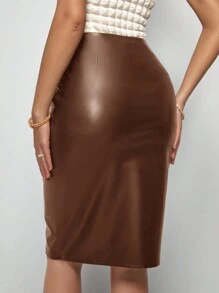 SHEIN Clasi Váy nữ Chia Dây kéo màu trơn Thanh lịch - Cà phê nâu - Xem 3