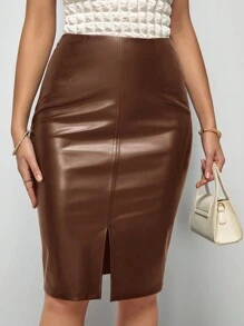 SHEIN Clasi Váy nữ Chia Dây kéo màu trơn Thanh lịch - Cà phê nâu - Xem 6