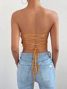 SHEIN Essnce Áo nữ Bất đối xứng Lộ Lưng màu trơn Gợi cảm - Màu vàng - Xem 2