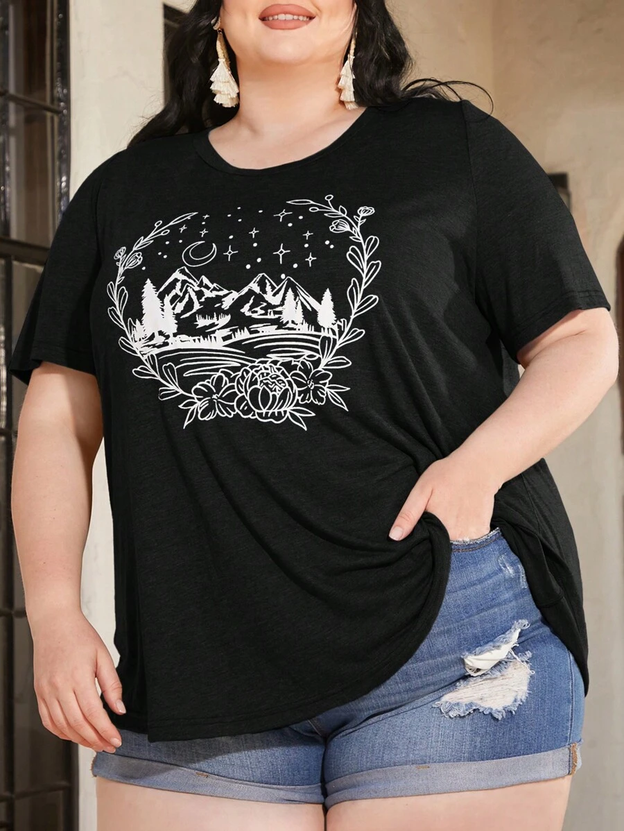 SHEIN CURVE+ Áo thun Plus size Hoa Thực vật Giải trí - màu đen - Xem 1