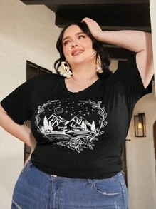 SHEIN CURVE+ Áo thun Plus size Hoa Thực vật Giải trí - màu đen - Xem 3