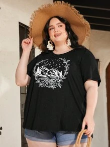 SHEIN CURVE+ Áo thun Plus size Hoa Thực vật Giải trí - màu đen - Xem 4