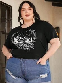 SHEIN CURVE+ Áo thun Plus size Hoa Thực vật Giải trí - màu đen - Xem 5
