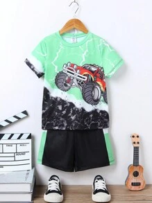 SHEIN Bộ đồ hai mảnh mùa hè có cổ tròn tay áo thông thường dành cho bé trai và mát mẻ dành cho phong cách đường phố - Nhiều màu - Xem 1