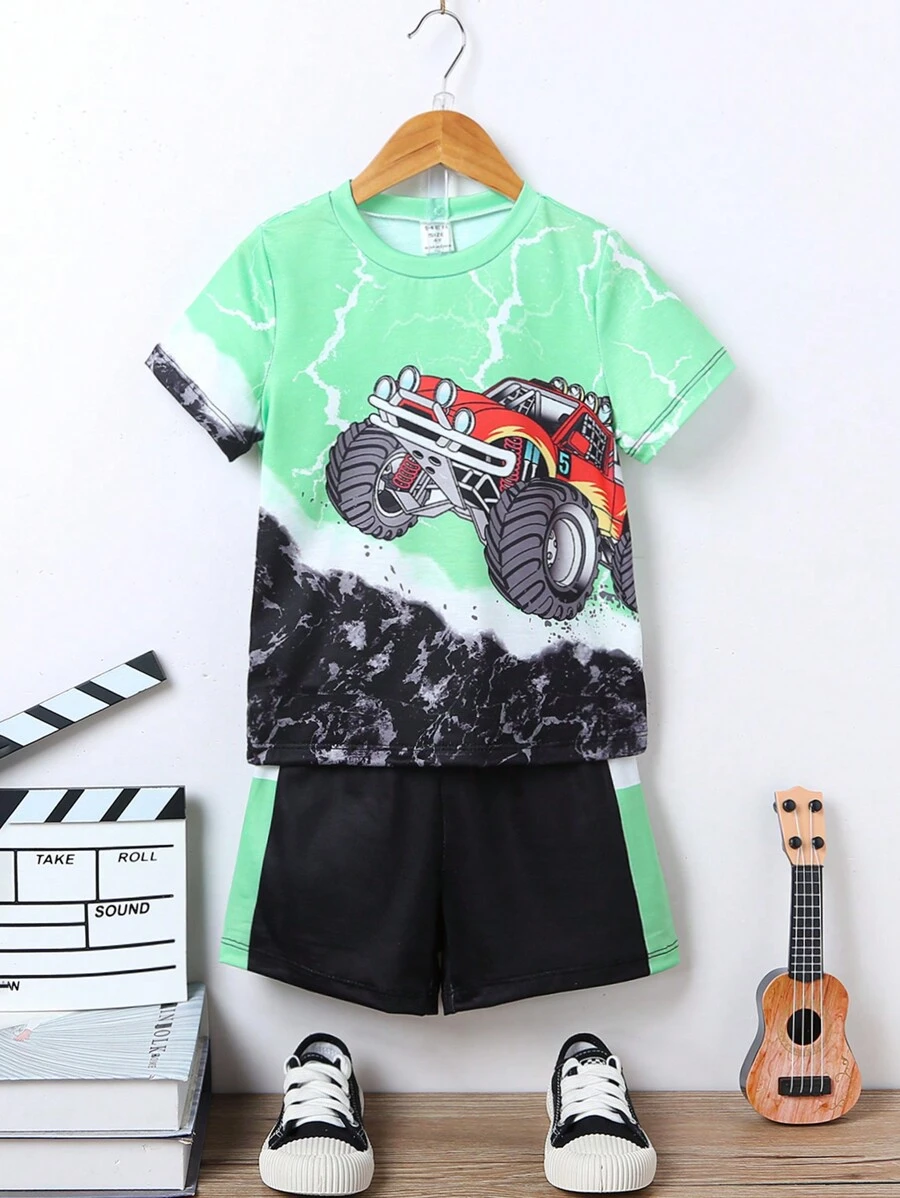 SHEIN Bộ đồ hai mảnh mùa hè có cổ tròn tay áo thông thường dành cho bé trai và mát mẻ dành cho phong cách đường phố - Nhiều màu - Xem 1