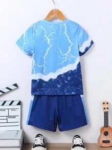 SHEIN 男小童藍色紮染可愛街頭風圓領常規袖兩件套套裝適合夏天 - 藍色 - 查看 2