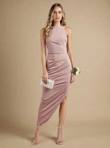SHEIN Belle Solid Ruched Asymmetrical Hem Bridesmaid Dress Elegant Dress - Dusty Pink - View 4