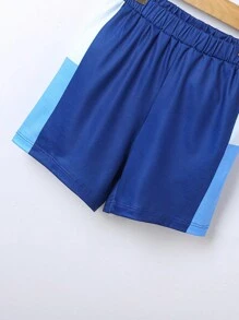 SHEIN 男小童藍色紮染可愛街頭風圓領常規袖兩件套套裝適合夏天 - 藍色 - 查看 6