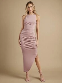 SHEIN Belle Solid Ruched Asymmetrical Hem Bridesmaid Dress Elegant Dress - Dusty Pink - View 5