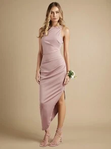 SHEIN Belle Solid Ruched Asymmetrical Hem Bridesmaid Dress Elegant Dress - Dusty Pink - View 6