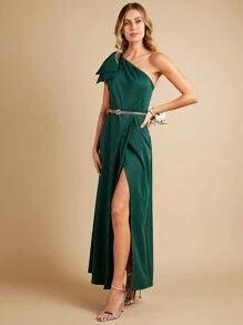 SHEIN Belle One Shoulder Bow Detail Wrap Hem Dress Without Belt