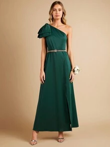 SHEIN Belle One Shoulder Bow Detail Wrap Hem Dress Without Belt