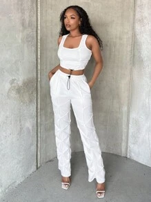 SHEIN SXY 素色短款背心和腰部抽繩長褲 - 白色 - 查看 1