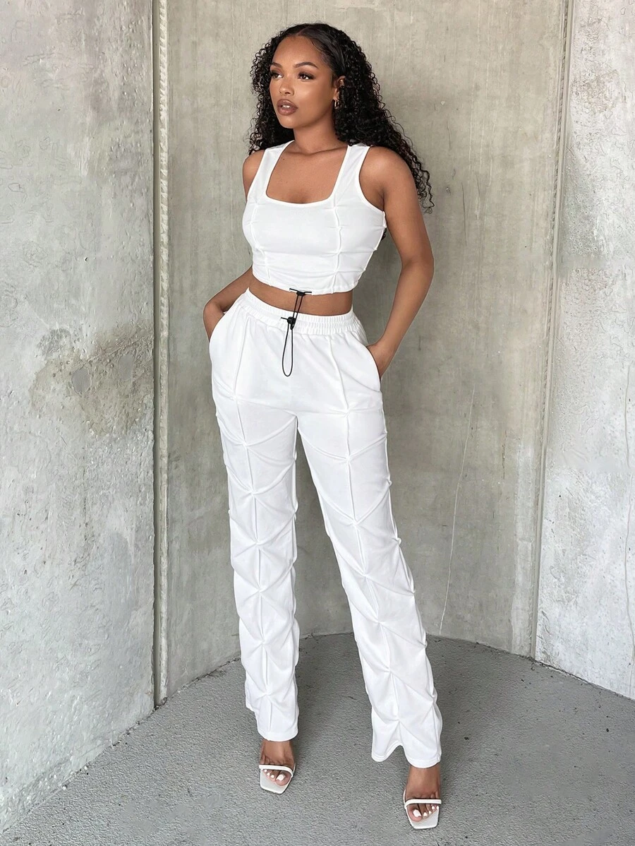 SHEIN SXY 素色短款背心和腰部抽繩長褲 - 白色 - 查看 1