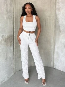 SHEIN SXY 素色短款背心和腰部抽繩長褲 - 白色 - 查看 3