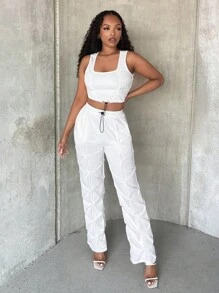 SHEIN SXY 素色短款背心和腰部抽繩長褲 - 白色 - 查看 4