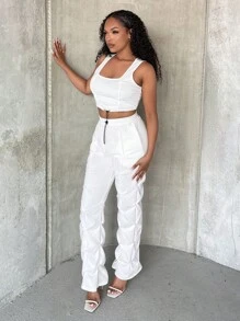 SHEIN SXY 素色短款背心和腰部抽繩長褲 - 白色 - 查看 5