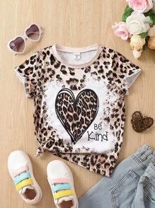 SHEIN 小女童豹紋和心形印花T恤 - 彩色 - 查看 1