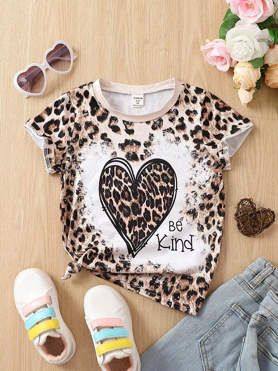 SHEIN 小女童豹紋和心形印花T恤 - 彩色 - 查看 1