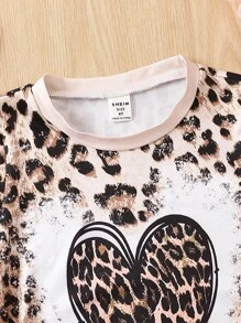 SHEIN 小女童豹紋和心形印花T恤 - 彩色 - 查看 3