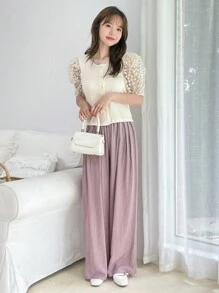 DAZY 纯色抽绳腰阔腿裤，教师裤 - 藕粉色 - 查看 8