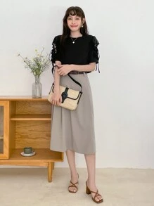 DAZY Áo thun nữ Tương phản Mesh Thắt nút màu trơn Giải trí - màu đen - Xem 8