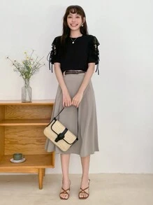 DAZY Áo thun nữ Tương phản Mesh Thắt nút màu trơn Giải trí - màu đen - Xem 9